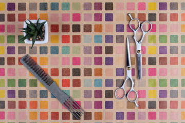 Stylish Professional Hair Cutting and Thinning Scissors on colorful background. Hairdresser salon...