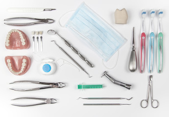 Top down view of various dental instruments