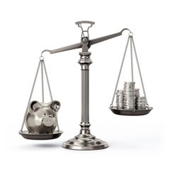 Silver scales with piggy bank and coins - left down and right up - front view