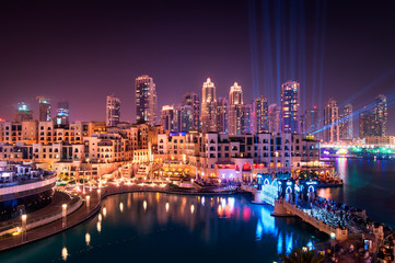 Beautiful famous downtown area in Dubai at night, Dubai, United Arab Emirates