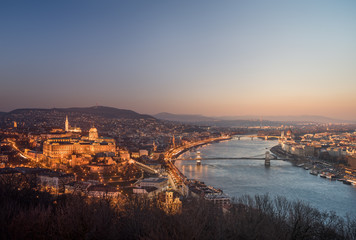 Panoramic View of Budapest and the Danube River as Seen from Gellert Hill Lookout Point. Smooth Transition Between Night and Day