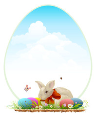Easter bunny and colored eggs. Easter card template