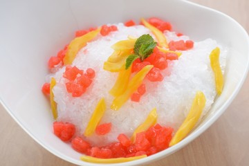 Close up of crush ice dessert with coconut milk and jack fruit