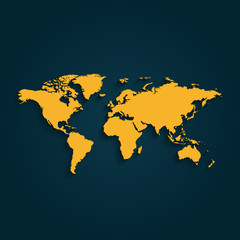 World yellow map on dark navy background with shadow.