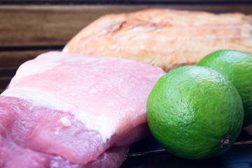 green, brown, background, meal, dinner, tasty, table, eating, wooden, bread, meat, pork, limes