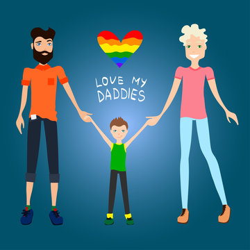 Gay Family Vector Illustration with Two Guys Being in Love, a Kid and Holding Hands, Flat Design