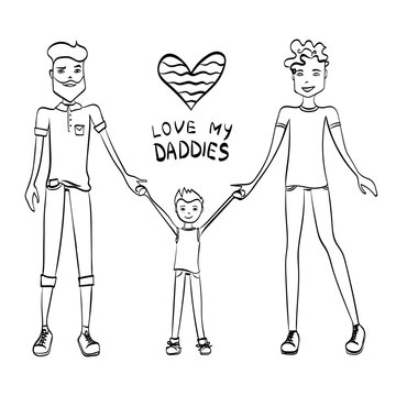 Gay Family Vector Illustration with Two Guys Being in Love, a Kid and Holding Hands, Sketch
