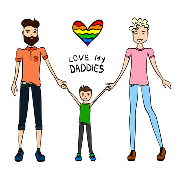 Gay Family Vector Illustration with Two Guys Being in Love, a Kid and Holding Hands, Colorful Sketch
