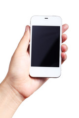 hand showing smartphone isolated on white background