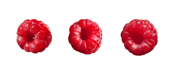 juicy red ripe raspberries isolated on white background