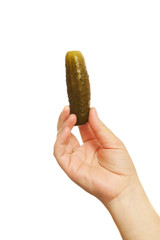 pickled cucumber in a human hand isolated on white background