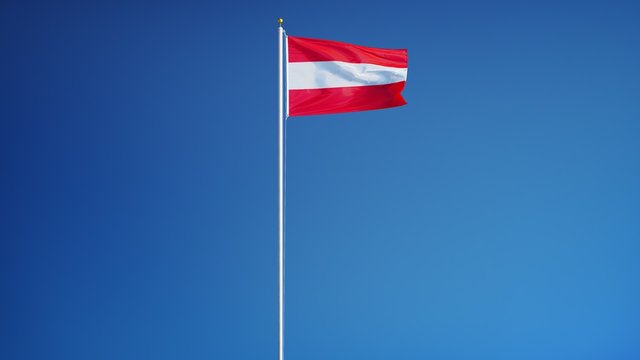 Austria flag waving in slow motion against clean blue sky, seamlessly looped, long shot, isolated on alpha channel with black and white luminance matte, perfect for film, news, digital composition