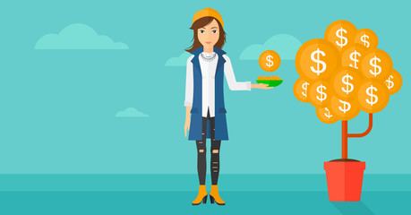 Woman catching dollar coins.