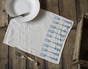 White Table Napkin with Blue Fork Pattern Design