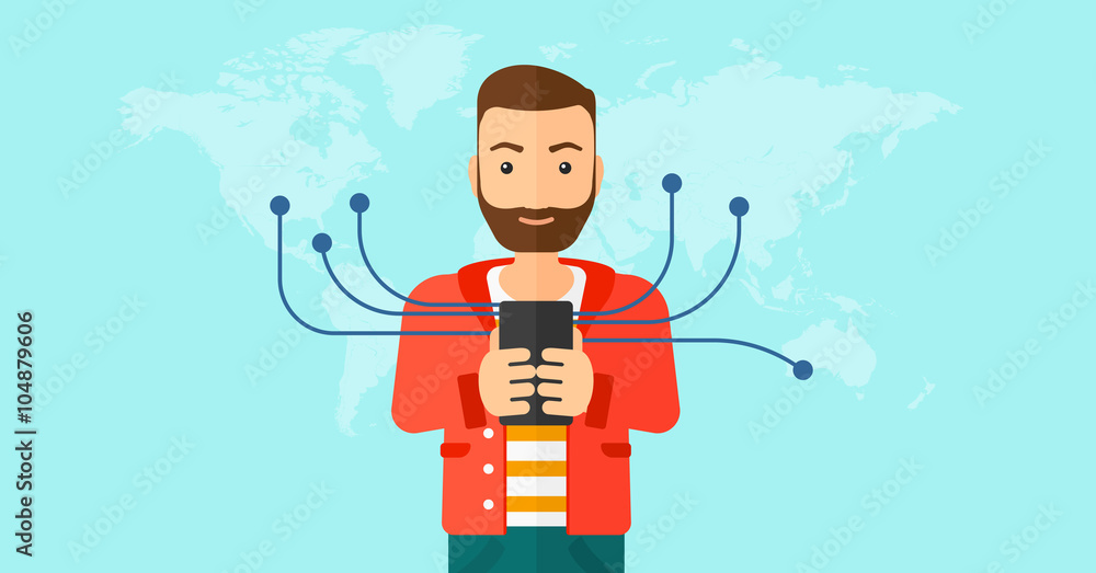 Poster man using smartphone.