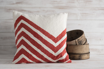 Square White with Red Chevron Throw Pillow with Wooden Basin