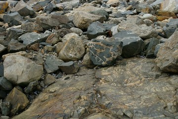 Several stones and boulders of different sizes and colors.
