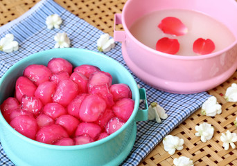Thai style dessert; Tub Tim Krob (Stuffed Water Chestnut in Syrup and Coconut Milk )