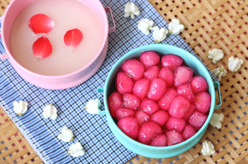 Thai style dessert; Tub Tim Krob (Stuffed Water Chestnut in Syrup and Coconut Milk )