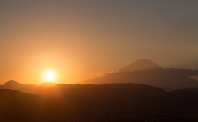 Beautiful sunset view with Mountain Fuji in evening autumn season