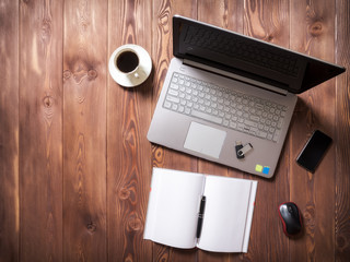 Top view of workplace in the office on the table