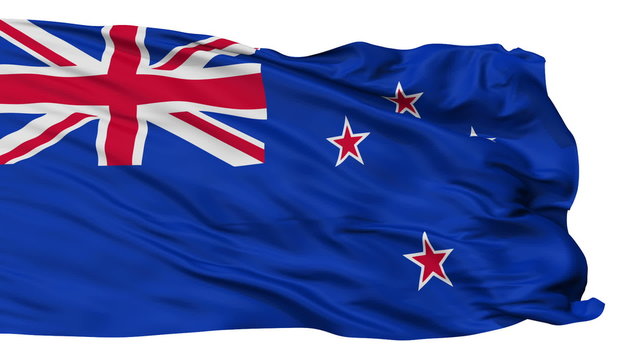 New Zealand Flag Realistic Animation Isolated on White Seamless Loop - 10 Seconds Long (Alpha Channel is Included)