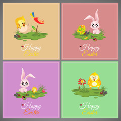Happy easter pastel colorful vector illustration cards Set meadow with rabbit, chicken, newborn, butterfly, eggs, flower, ladybug