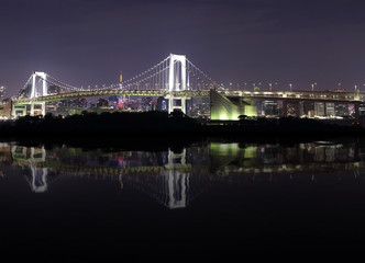 Tokyo Rainbow Bridge with water reflection at Night