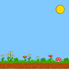 Obraz premium Pixel 8 bit game background. Vector sunny day.