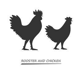 Black vector silhouette chicken and rooster.