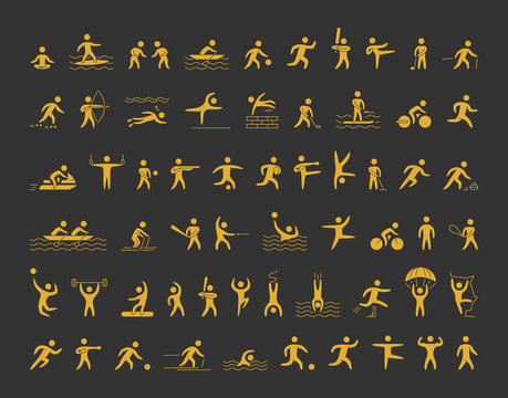 Vector sports icons set. Gold shapes athletes.