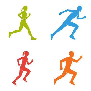 Colored silhouettes of runners. Flat vector figures marathoner.