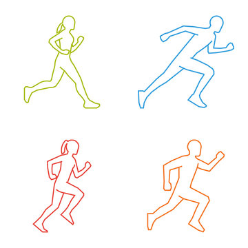 Outline silhouettes of runners. Line vector figures marathoner.