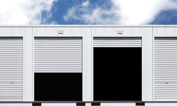 Exterior of white storage unit or small warehouse for rental