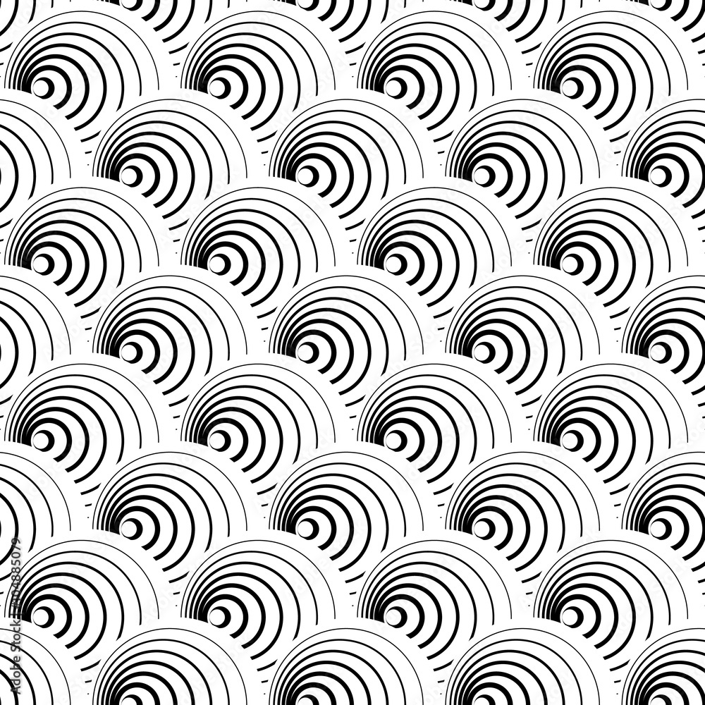 Poster intersecting circles abstract monochrome repeatable pattern.