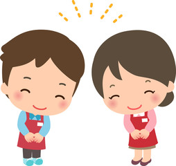 笑顔でおじぎをするエプロン姿の男女