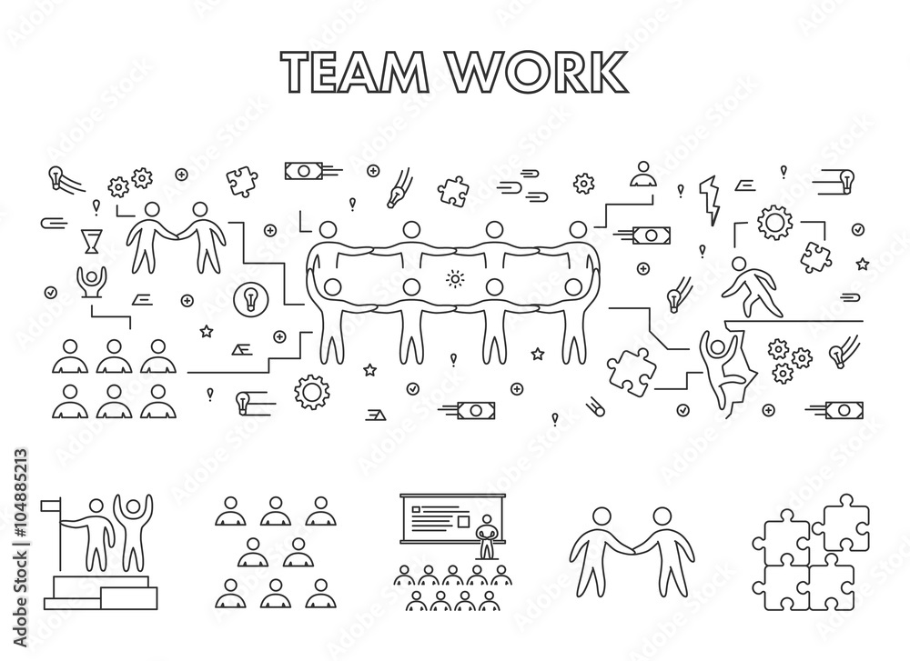 Poster line design concept web banner for teamwork.