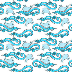 Seamless abstract pattern with waves and whales