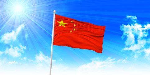 中国　 国旗　空　背景