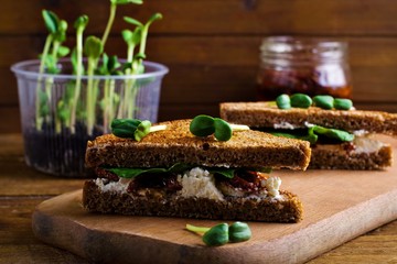 Delicious healthy vegetarian sandwich with cottage cheese,green sprouts