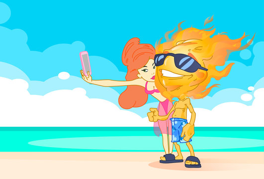 Sun Summer Boy Fire Head Embrace Kiss Girl Taking Selfie Smart Phone On Beach