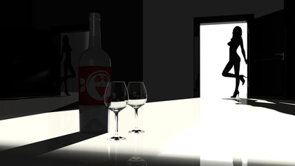 Sexy woman silhouette in a door with wine