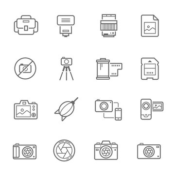 Lines icon set - camera and accessory vector illustration