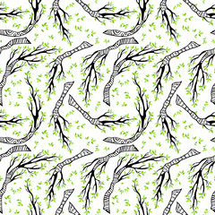 Branches with spring leaves. Vector seamless pattern (background).