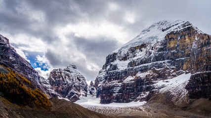 Mount Lefroy and the Mitre seen from the top of trail at the Plain of Six Glaciers in Banff National Park in the Canadian Rockies