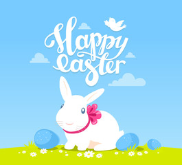 Vector colorful illustration of Happy Easter greetings with whit