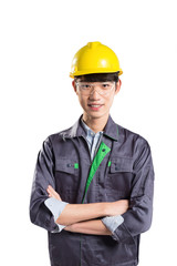 young handsome asian technician on white background