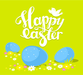 Vector colorful illustration of Happy Easter greetings with thre