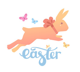 Vector illustration of Happy Easter greetings with yellow bunny