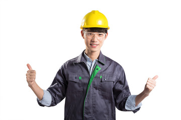 young handsome asian technician on white background